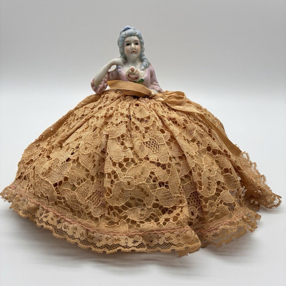 Vintage German porcelain half doll needle and pin cushion with lace dress 8"x11"